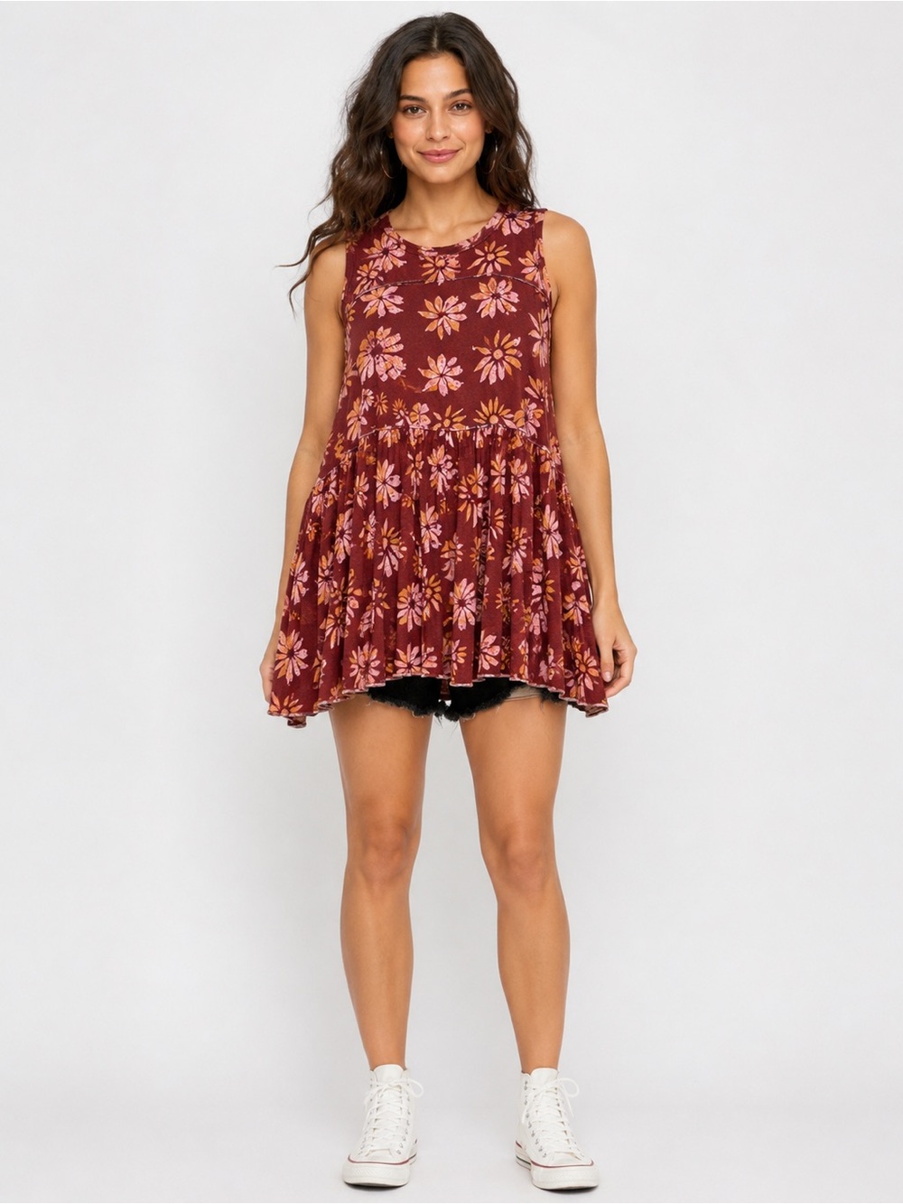 Free People Madison Floral Swing Tunic Tank Burgundy Size M Boho